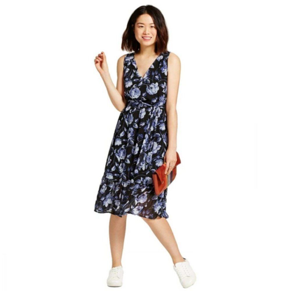 A NEW DAY Floral Midi Dress Chiffon A-Line Empire Waist Splice V-neck Sz 1X